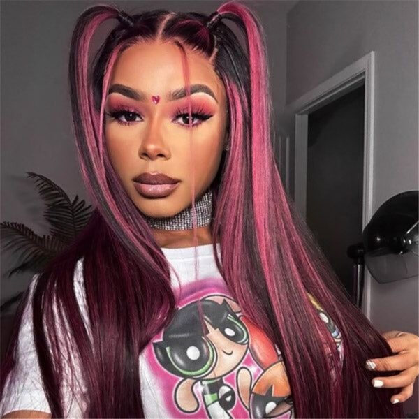 Purple Highlights Straight 13x4 Transparent Lace Front Wig - Image 3